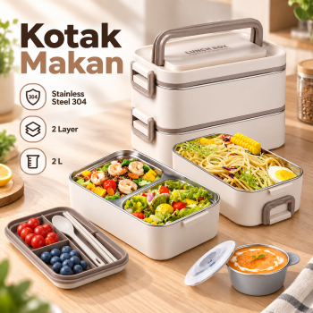 Rezicom Kotak Makan Anti Tumpah Lunch Box Stainless Steel 2 Layer 2L - LY10