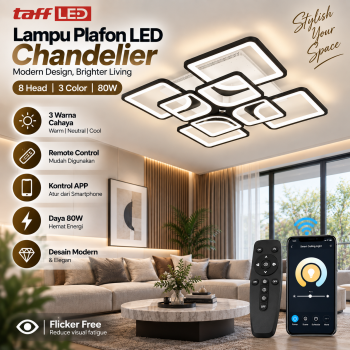 TaffLED Lampu Plafon LED Chandelier Remote App 8 Head 3 Color 80W - Black