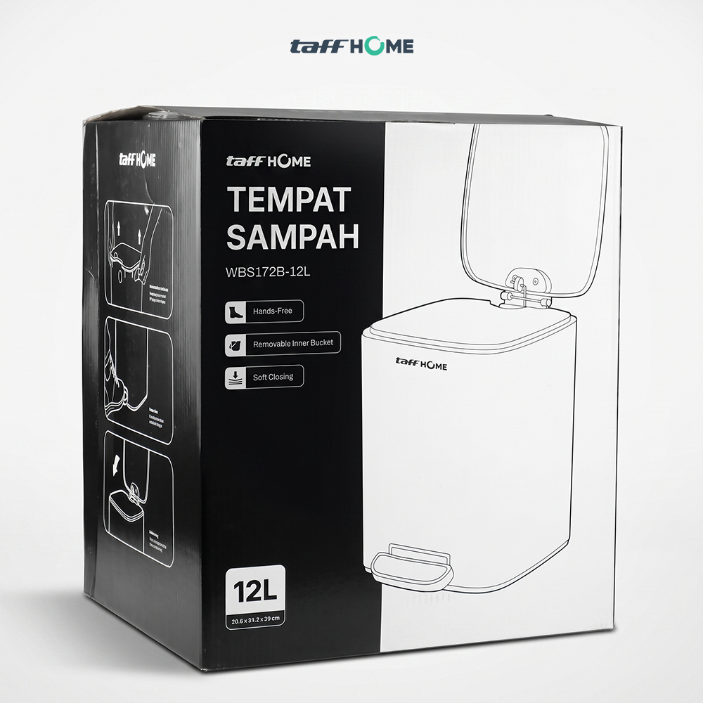 Gambar produk TaffHOME Tempat Sampah Injak Foot Pedal Trash Bin Stainless Steel 12L - M50 - Kemasan