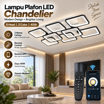 TaffLED Lampu Plafon LED Chandelier 8 Head Remote App 3 Color 45W - Black