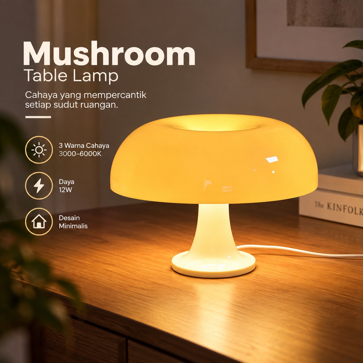 Gambar produk YIJUN Lampu Meja Hias LED Mid Century Mushroom 3 Color 3000-6000K 12W - TL102 - Utama