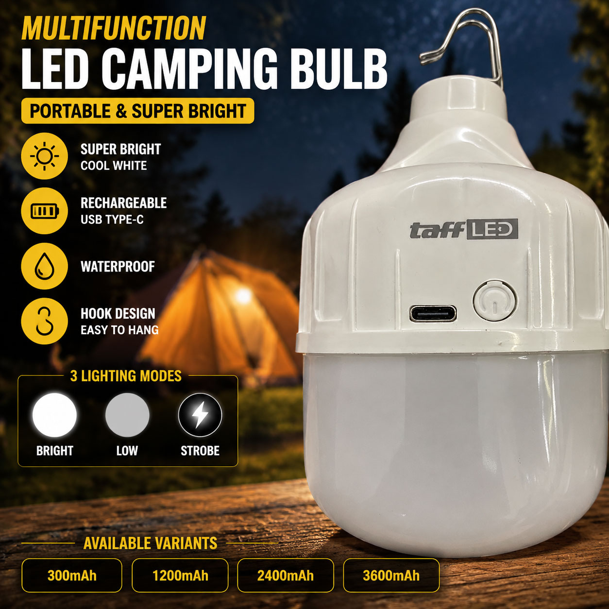 Gambar produk TaffLED Lampu Camping Tenda Gantung Rechargeable Cool White 6000K 80W 3600mAh - LB180 - Utama