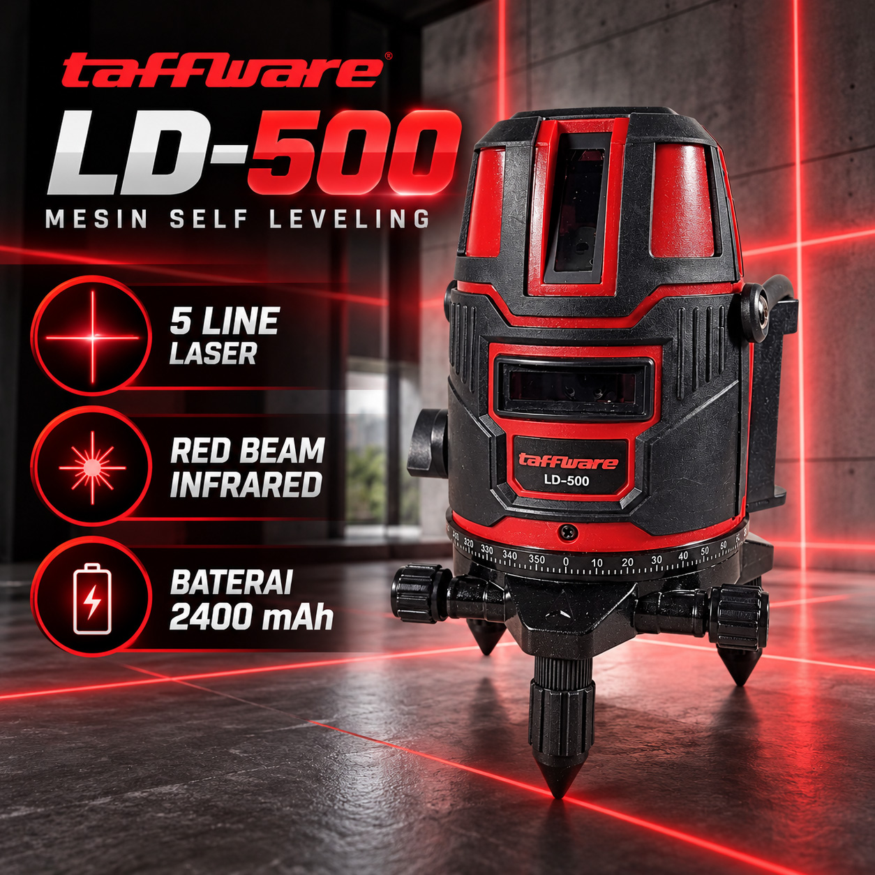 Gambar produk Taffware Mesin Self Leveling 5 Line Laser Red Beam Infrared 4D - LD-500 - Utama