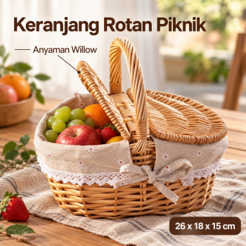 Gambar produk Agui Keranjang Rotan Piknik Basket Storage Rattan with Cloth Portable 26x18x15cm - C0030