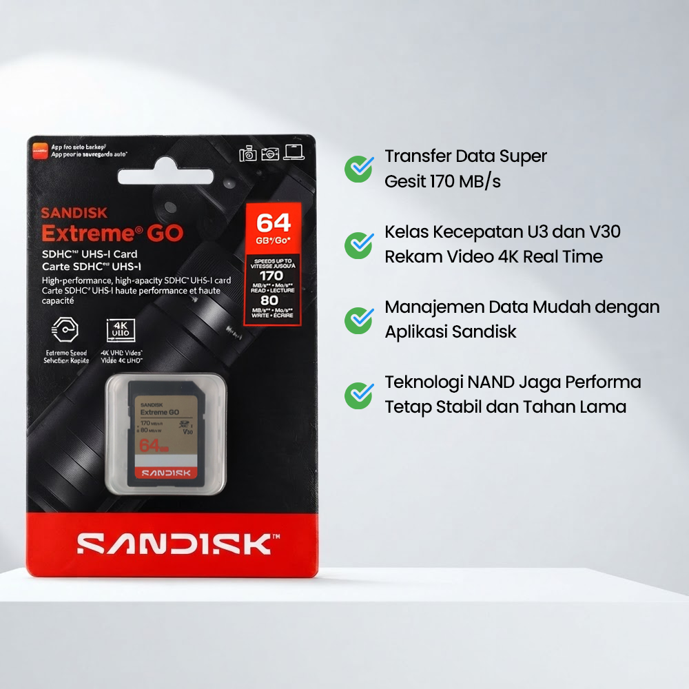 Gambar produk SanDisk Extreme GO SDXC/HC UHS-I Card U3 V30 4K UHD 230MB/s 64GB - SDSDXGN - 2