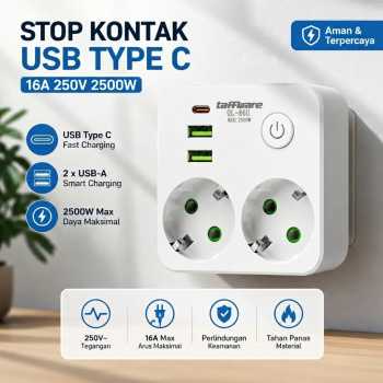 Taffware Stop Kontak Elektrik 2 Socket 2 USB A USB C 16A 250V 2500W - QL-86U