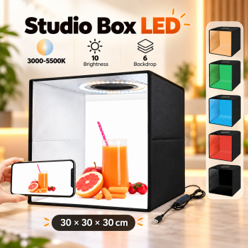 Photo Studio Box Mini Folding LED 3in1 Color with 6 Backdrop - 30 x 30 x 30 cm Black