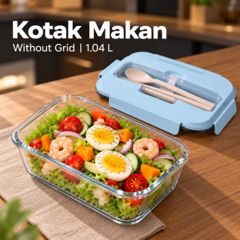 GYT Kotak Makan Lunch Box Kaca Double Layer 1.04L - without Grid Blue