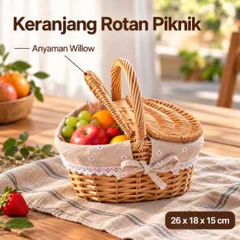 Agui Keranjang Rotan Piknik Basket Storage Rattan with Cloth Portable - 26x18x15cm Beige