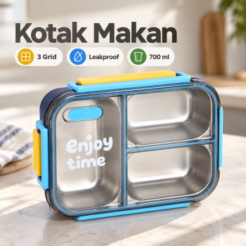 Pokupop Kotak Makan Anti Tumpah Lunch Box Stainless Steel 3 Grid 700ml - P10