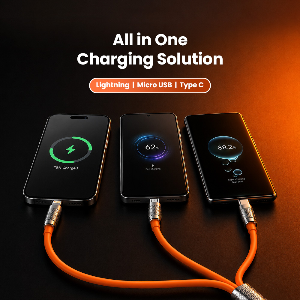 Gambar produk Kabel Charger 3in1 Lightning Micro USB Type C 120W 6A 1.1M - D8 - 1