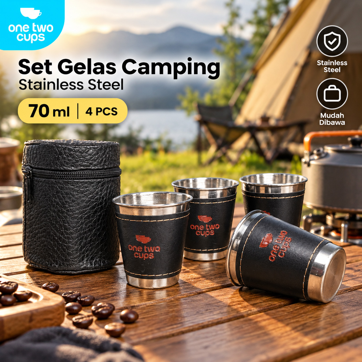 Gambar produk One Two Cups Set Gelas Camping Stainless Steel Travel Mug 70ml 4 PCS - S420 - Utama