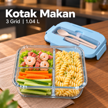 GYT Kotak Makan Lunch Box Kaca Double Layer 1.04L - 3 Grid Blue