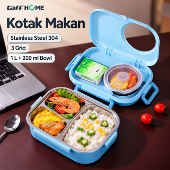 TaffHOME Kotak Makan Lunch Box Stainless Steel 3 Grid 1L with Bowl - Sky Blue