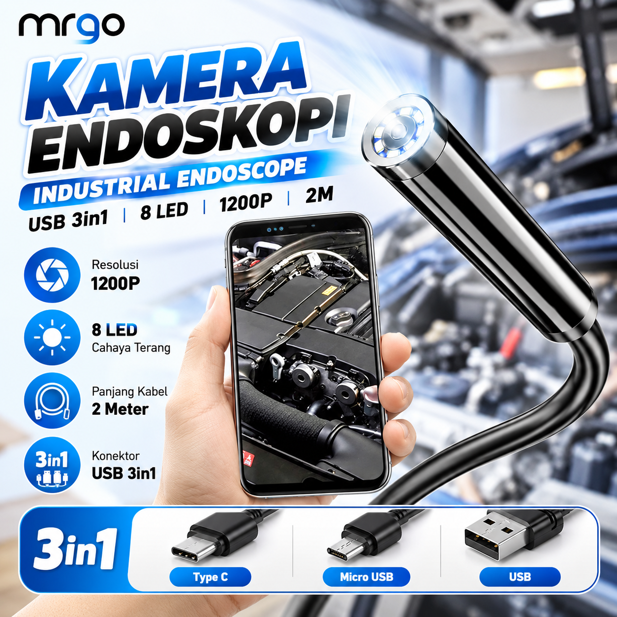 Gambar produk MRGO Kamera Endoskopi Industrial Endoscope USB 3in1 8 LED 1200P 2M - MR28 - Utama