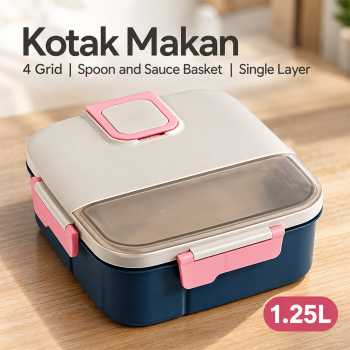 Lonch Kotak Makan Lunch Box Single Layer 4 Grid with Spoon 1.25L - P8