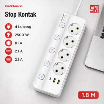 Taffware Stop Kontak Kabel 4 Socket 2 USB A USB C 1.8M 10A 250V 2500W - QL-1097U