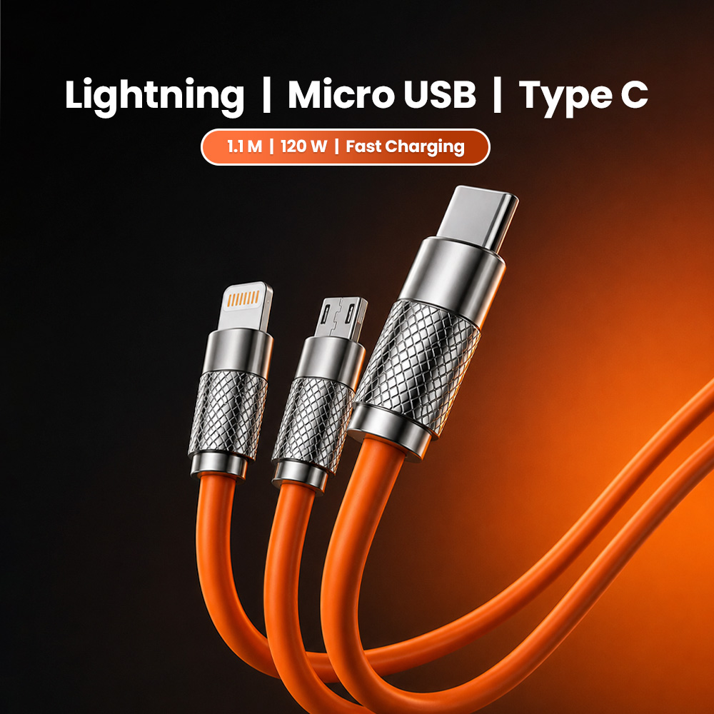 Gambar produk Kabel Charger 3in1 Lightning Micro USB Type C 120W 6A 1.1M - D8 - Utama