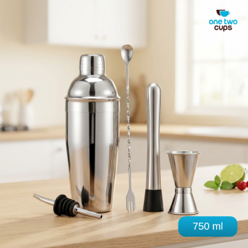 One Two Cups 6in1 Bartender Cocktail Shaker Jigger Bar Spoon 750ml - Silver
