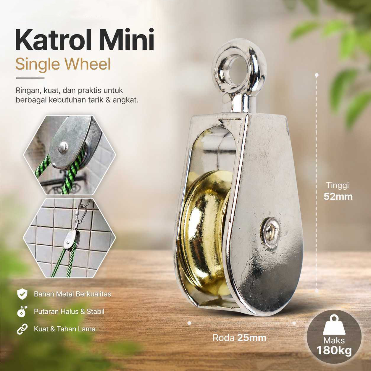 Gambar produk Taffware Katrol Mini Swivel Pulley Single Wheel 52mm - AL52 - Utama