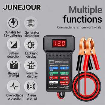 JUNEJOUR Tester Aki Mobil Digital Car Battery Indicator 12V with Clamp - Black