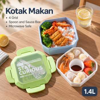 Sturdy Kotak Makan Lunch Box Sekat 4 Grid with Spoon Sauce Box 1.4L - Mix Color