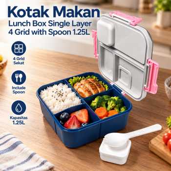 Lonch Kotak Makan Lunch Box Single Layer 4 Grid with Spoon 1.25L - Gray