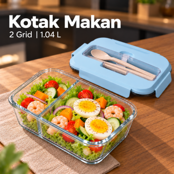 GYT Kotak Makan Lunch Box Kaca Double Layer 1.04L - 2 Grid Blue