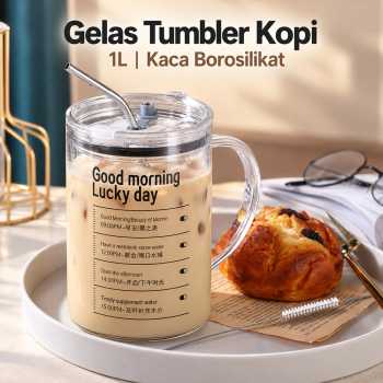 ROWAN Gelas Tumbler Kopi Mug Coffee Borosilikat Glass 1L with Straw - Transparent
