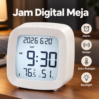MERI Jam Meja Digital LCD Alarm Backlight Sensor Suhu Ruangan - White