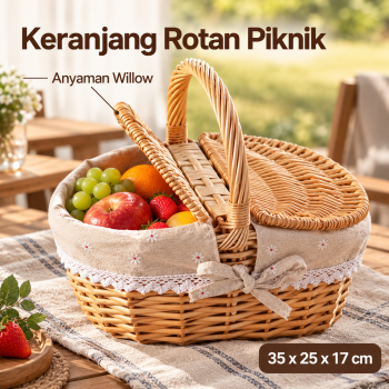 Agui Keranjang Rotan Piknik Basket Storage Rattan with Cloth Portable - 35x25x17cm Beige